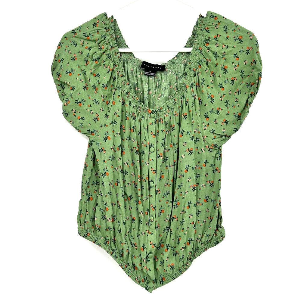 Sanctuary Size Medium Blouse Green Floral babydoll Elastic Hem‎ Off the Shoulder